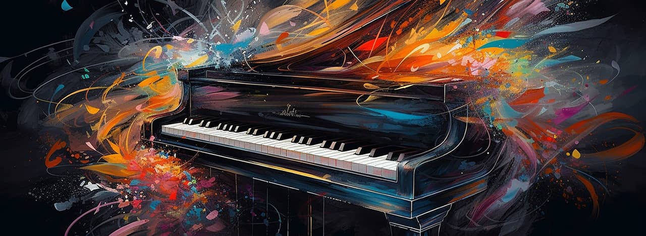An illustration of a piano with many different colors around it